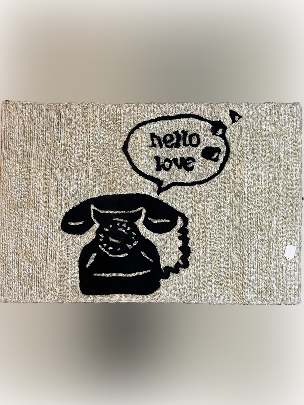 “hello love” poly rug “ivory & black” & tan - NWT / flaws on backing/NOT front
